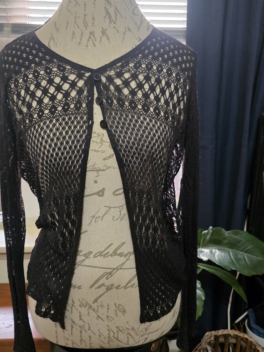 Vintage Y2K Whimsigoth Black Open-Knit Button-Up Cardigan